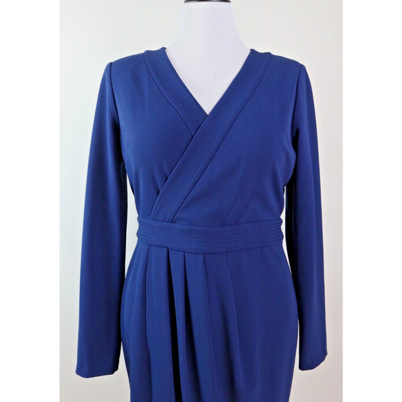 Donna Karan Size L* Faux Wrap Sheath Dress Surplice V Neck Navy Blue - Picture 7 of 11
